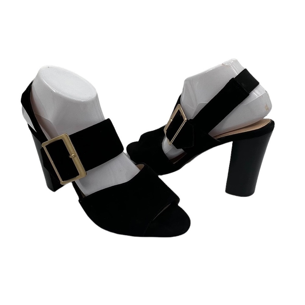 Adrienne Vittadini Black Galeith Bog Buckle Stacked Heel Sandals Size 10 Women’s